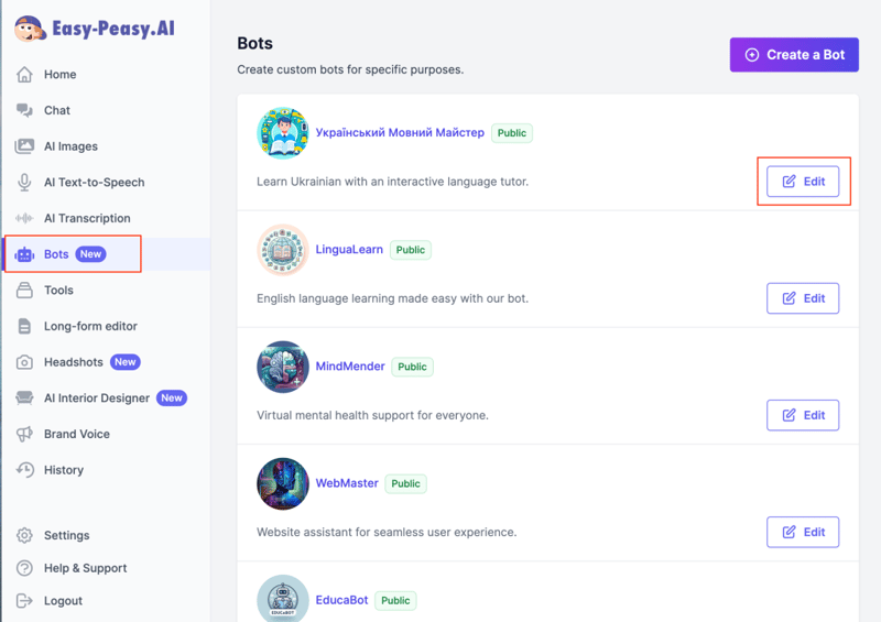 Bots page interface